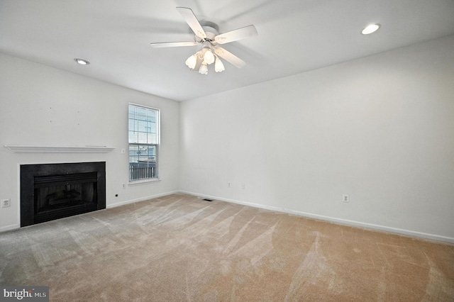 6949 Banchory Ct, Alexandria, VA 22315 - unfurnished living room with carpet floors, a fireplace, ceiling fan, and recessed lighting
