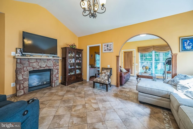15 Kresson Ct, Berlin, NJ 08009 - living room featuring a chandelier, a fireplace, and high vaulted ceiling