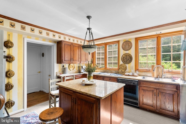 13321 Travilah Rd, Potomac, MD 20854 - kitchen with dishwasher, a center island, decorative light fixtures, light stone countertops, and brown cabinetry