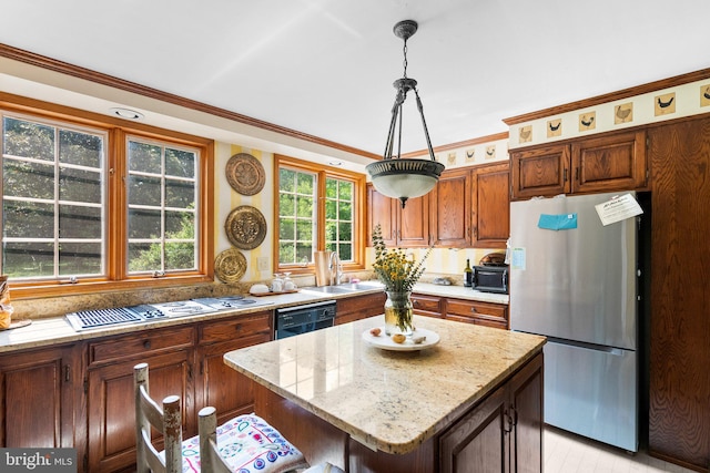 13321 Travilah Rd, Potomac, MD 20854 - kitchen with freestanding refrigerator, stovetop with downdraft, dishwasher, light stone counters, and pendant lighting