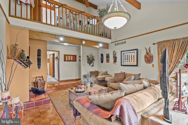16 Golfview Ln, Reading, PA 19606 - living area with a towering ceiling and beamed ceiling