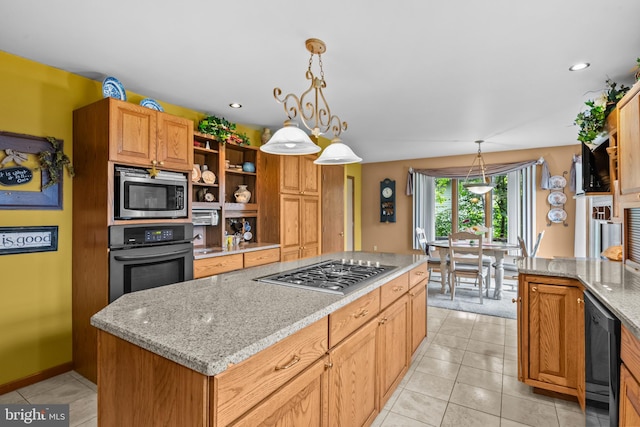 16 Golfview Ln, Reading, PA 19606 - kitchen featuring appliances with stainless steel finishes, open shelves, light stone countertops, light tile patterned flooring, and hanging light fixtures