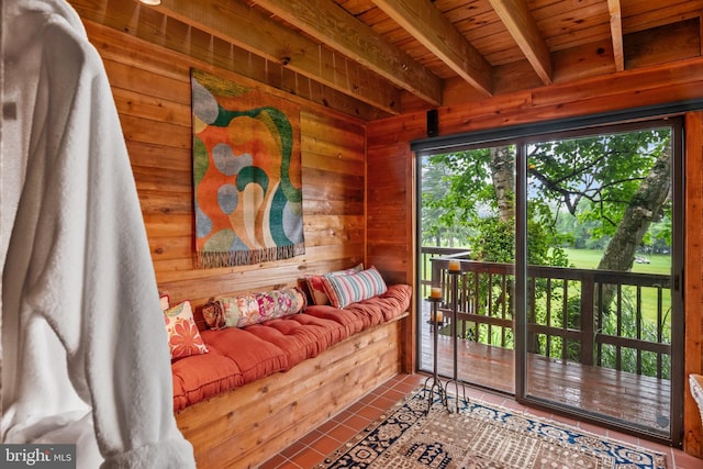 16 Golfview Ln, Reading, PA 19606 - sitting room with a wood ceiling with exposed beams, tile patterned floors, and wooden walls