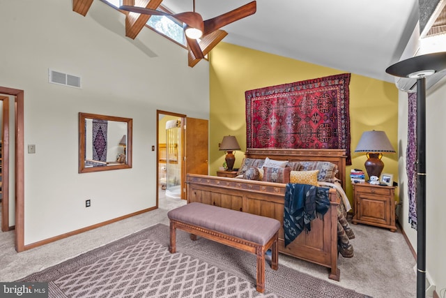 16 Golfview Ln, Reading, PA 19606 - bedroom featuring carpet flooring, high vaulted ceiling, ensuite bath, and ceiling fan