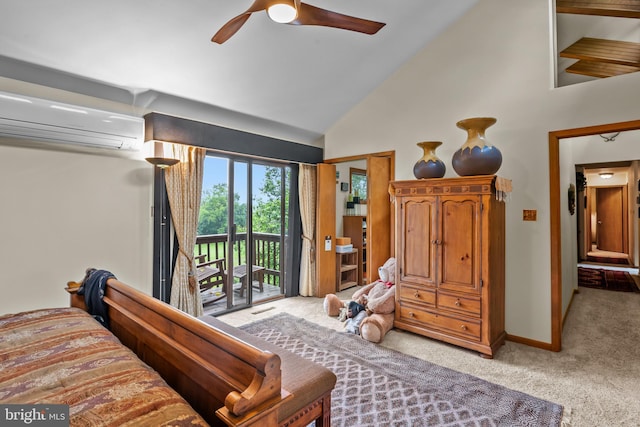 16 Golfview Ln, Reading, PA 19606 - bedroom with an AC wall unit, carpet flooring, access to outside, high vaulted ceiling, and a ceiling fan