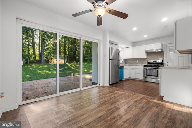 5505 Heming Ave, Springfield, VA 22151 - kitchen with stainless steel appliances, white cabinetry, under cabinet range hood, decorative backsplash, and dark wood-style flooring
