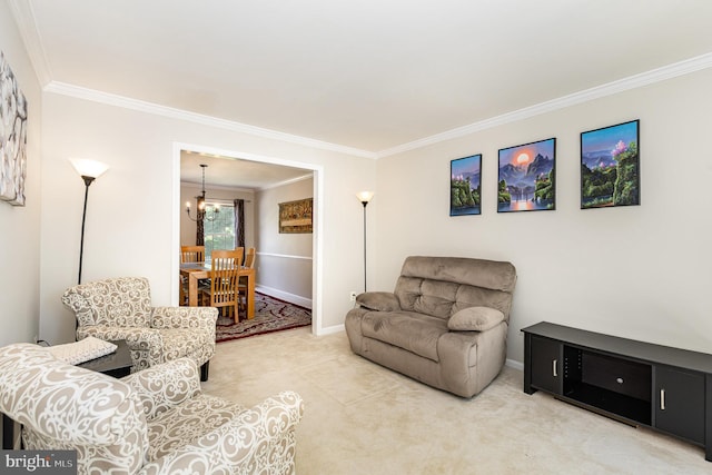 6 Oxen Ct, Stafford, VA 22554 - living room with crown molding, light carpet, and a chandelier