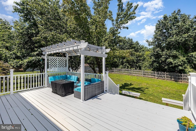 6 Oxen Ct, Stafford, VA 22554 - wooden terrace featuring an outdoor hangout area, a pergola, a fenced backyard, and view of scattered trees