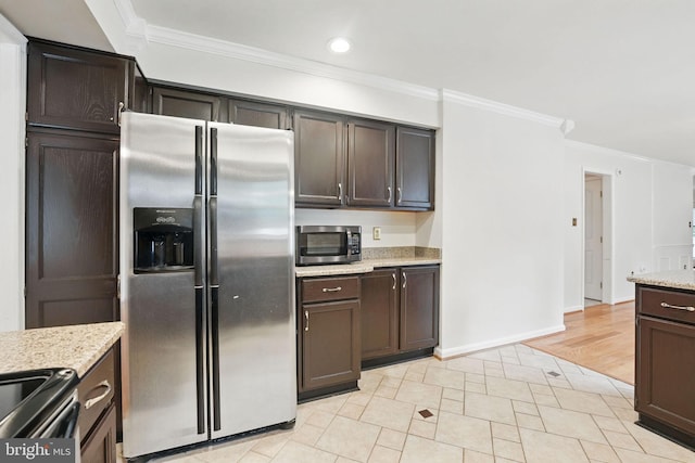 4009 Gypsum Hill Rd, Haymarket, VA 20169 - kitchen with appliances with stainless steel finishes, ornamental molding, dark brown cabinetry, light stone counters, and recessed lighting