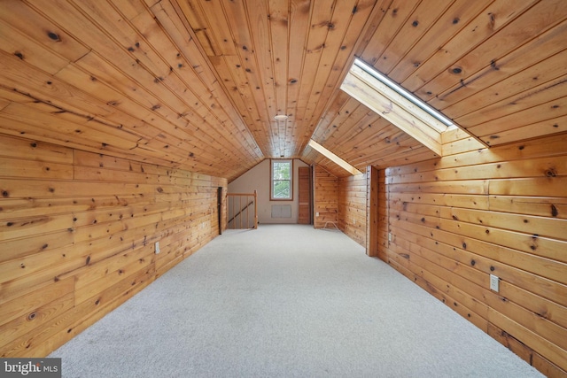 4009 Gypsum Hill Rd, Haymarket, VA 20169 - bonus room featuring wooden walls, a skylight, carpet, wood ceiling, and lofted ceiling