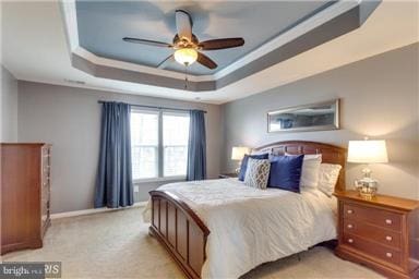45952 Iron Oak Ter, Sterling, VA 20166 - bedroom featuring ornamental molding, a raised ceiling, light colored carpet, and a ceiling fan