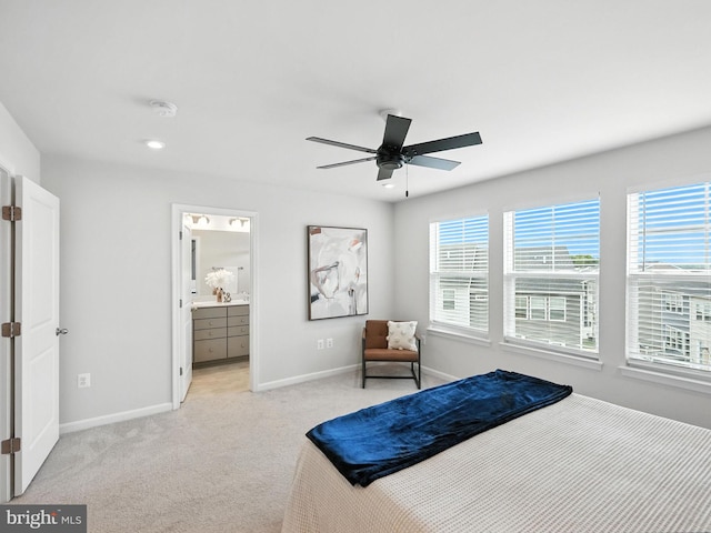 18286 Summit Pointe Dr, Triangle, VA 22172 - bedroom featuring light carpet, multiple windows, a ceiling fan, and connected bathroom