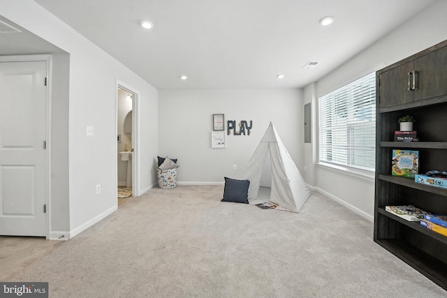 18286 Summit Pointe Dr, Triangle, VA 22172 - game room featuring light colored carpet, recessed lighting, electric panel, and arched walkways