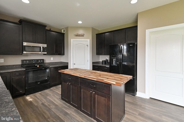 223 Fitzgerald St, Gerrardstown, WV 25420 - kitchen featuring black appliances, wood counters, dark wood finished floors, recessed lighting, and a center island