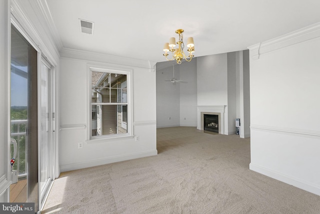 12824 Clarksburg Square Rd Unit 406, Clarksburg, MD 20871 - unfurnished living room with a chandelier, ornamental molding, carpet flooring, a fireplace with flush hearth, and a ceiling fan