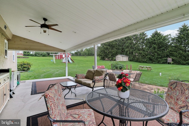 611 Hillcrest Dr, Perkasie, PA 18944 - view of patio featuring a storage shed, a playground, an outdoor hangout area, outdoor dining area, and ceiling fan