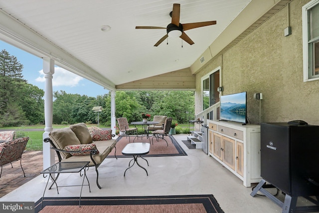611 Hillcrest Dr, Perkasie, PA 18944 - view of patio / terrace featuring outdoor lounge area, outdoor dining space, ceiling fan, and view of scattered trees