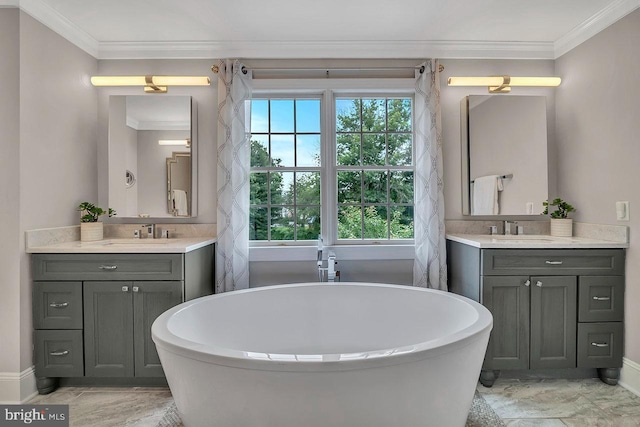 14 Canaday Ct, Belle Mead, NJ 08502 - full bath with ornamental molding, two vanities, and a freestanding tub