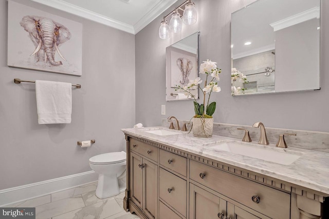 14 Canaday Ct, Belle Mead, NJ 08502 - full bathroom with marble finish flooring, double vanity, crown molding, and a shower