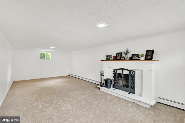 301 N Lynbrook Dr N, York, PA 17402 - unfurnished living room with a baseboard radiator, carpet, a brick fireplace, and a textured ceiling