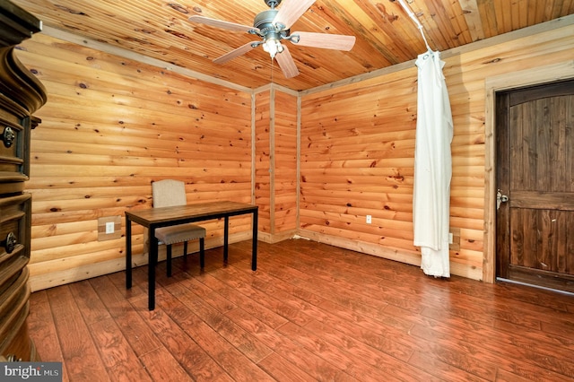 1015 N Duke St, York, PA 17404 - unfurnished office featuring wood ceiling, ceiling fan, dark wood-style flooring, rustic walls, and a sauna / steam room