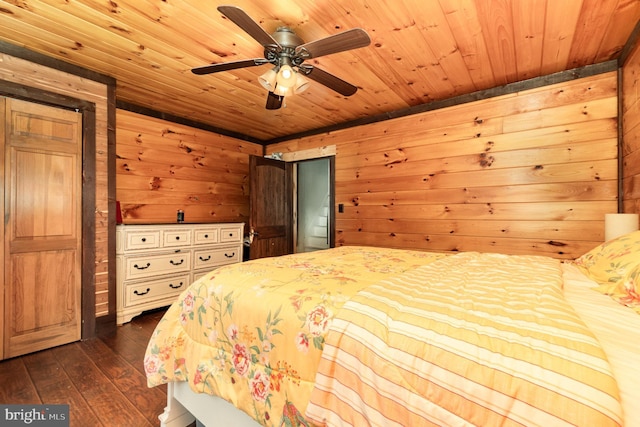 1015 N Duke St, York, PA 17404 - bedroom with wooden walls, wooden ceiling, dark wood-type flooring, and ceiling fan