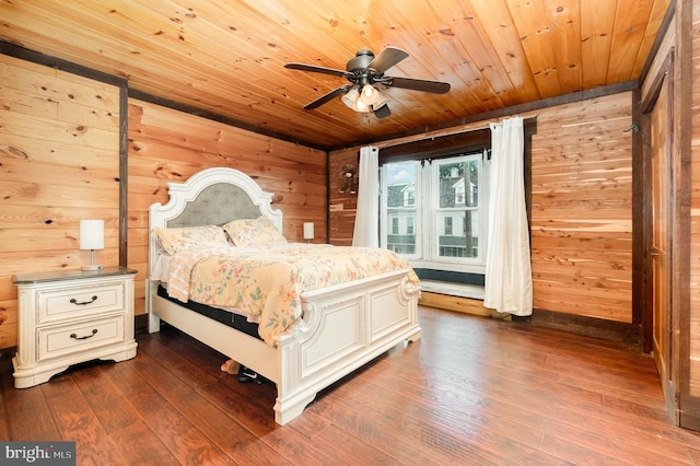 1015 N Duke St, York, PA 17404 - bedroom featuring wooden ceiling, wood walls, dark wood-style floors, and a ceiling fan