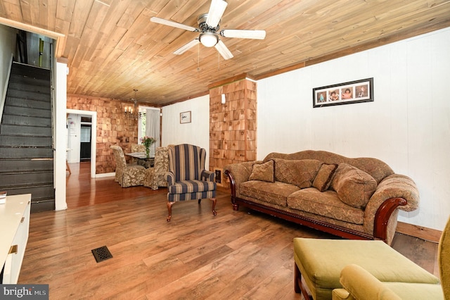 1015 N Duke St, York, PA 17404 - living area with wood ceiling, a ceiling fan, stairway, and wood finished floors