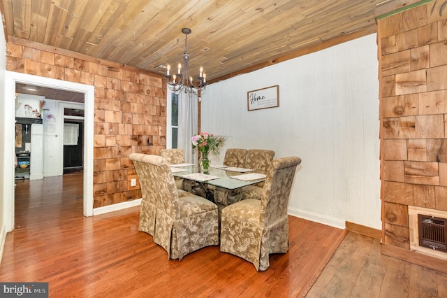 1015 N Duke St, York, PA 17404 - dining area featuring a chandelier, wood-type flooring, wood ceiling, and wooden walls
