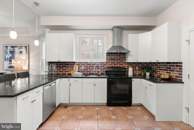 745 Gresham Pl NW, Washington, DC 20001 - kitchen with black range with electric stovetop, wall chimney range hood, stainless steel dishwasher, a peninsula, and backsplash