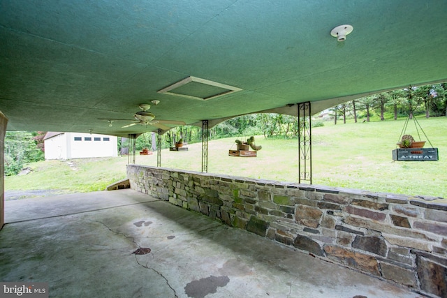35 Strimples Mill Rd, Stockton, NJ 08559 - view of patio with ceiling fan and an outbuilding