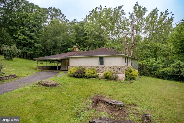 35 Strimples Mill Rd, Stockton, NJ 08559 - view of front of house with a chimney, a front yard, asphalt driveway, stone siding, and stucco siding