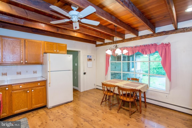 35 Strimples Mill Rd, Stockton, NJ 08559 - dining space with a wooden ceiling with exposed beams, a chandelier, light wood-type flooring, a ceiling fan, and baseboard heating