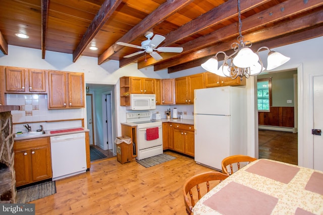35 Strimples Mill Rd, Stockton, NJ 08559 - kitchen with white appliances, a baseboard heating unit, a wood ceiling with exposed beams, open shelves, and a chandelier