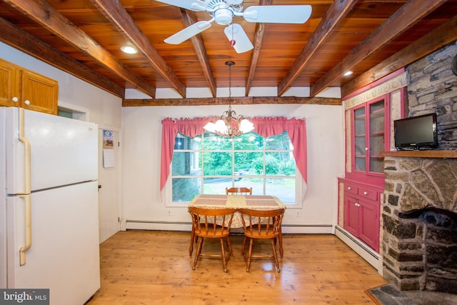 35 Strimples Mill Rd, Stockton, NJ 08559 - dining space with a wood ceiling with exposed beams, ceiling fan, light wood-type flooring, a chandelier, and a baseboard radiator