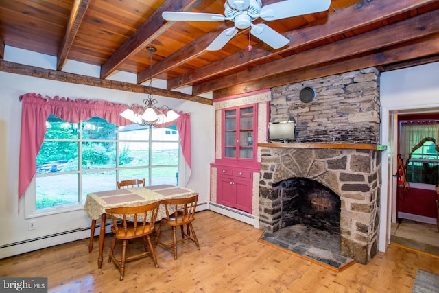 35 Strimples Mill Rd, Stockton, NJ 08559 - dining room featuring a wood ceiling with exposed beams, light wood-style flooring, a stone fireplace, a baseboard heating unit, and a ceiling fan