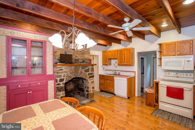 35 Strimples Mill Rd, Stockton, NJ 08559 - kitchen with white appliances, a wood ceiling with exposed beams, light wood finished floors, ceiling fan, and a chandelier