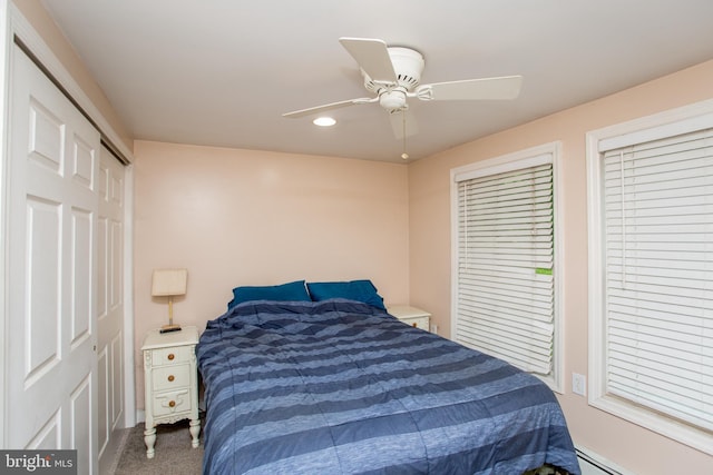 35 Strimples Mill Rd, Stockton, NJ 08559 - bedroom with baseboard heating, carpet, recessed lighting, and ceiling fan
