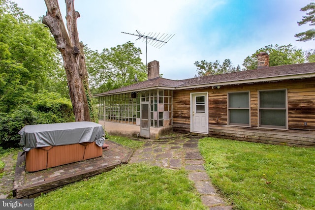 35 Strimples Mill Rd, Stockton, NJ 08559 - rear view of property featuring a hot tub, a chimney, and a yard