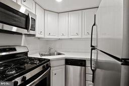 3241 N St NW Unit 1, Washington, DC 20007 - kitchen featuring stainless steel appliances, white cabinetry, and light countertops