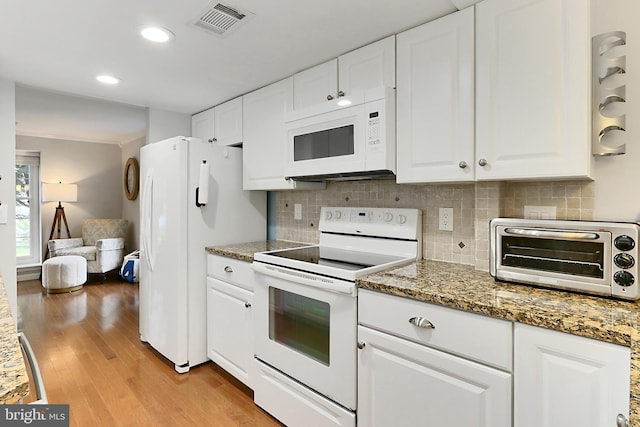1581 Poplar Grove Dr, Reston, VA 20194 - kitchen featuring white appliances, backsplash, light wood-style flooring, white cabinetry, and stone countertops