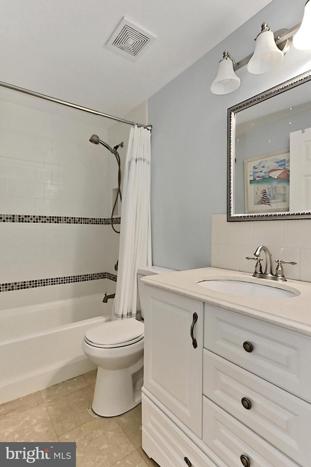 1581 Poplar Grove Dr, Reston, VA 20194 - bathroom featuring vanity, shower / tub combo with curtain, tasteful backsplash, and tile patterned floors