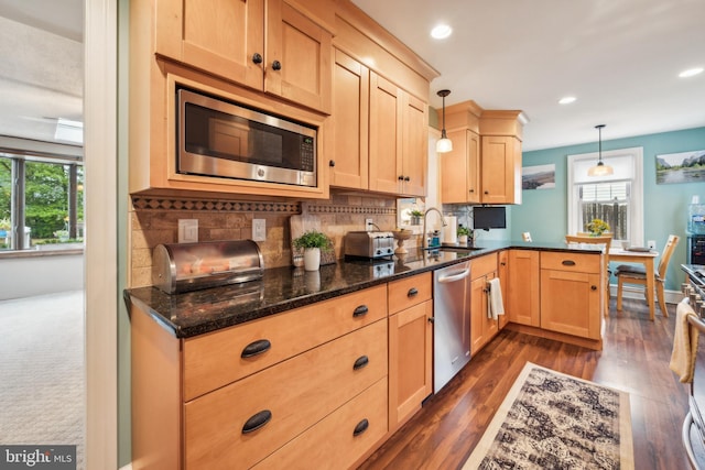 1318 Morgan Ave, Cinnaminson, NJ 08077 - kitchen featuring stainless steel appliances, light brown cabinets, dark wood-style flooring, a peninsula, and recessed lighting