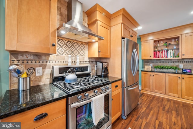 1318 Morgan Ave, Cinnaminson, NJ 08077 - kitchen featuring stainless steel appliances, wall chimney exhaust hood, tasteful backsplash, dark wood-type flooring, and dark stone counters