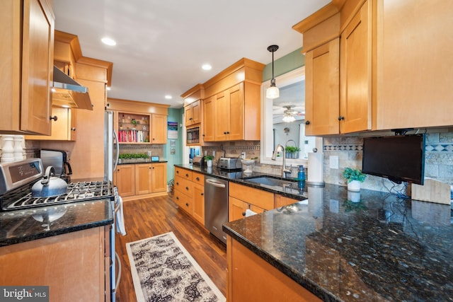 1318 Morgan Ave, Cinnaminson, NJ 08077 - kitchen with appliances with stainless steel finishes, a ceiling fan, under cabinet range hood, dark wood finished floors, and backsplash
