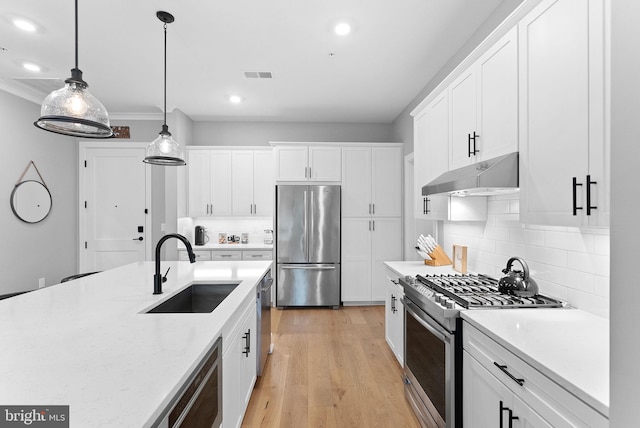 44691 Wellfleet Dr Unit 306, Ashburn, VA 20147 - kitchen featuring stainless steel appliances, under cabinet range hood, decorative backsplash, white cabinetry, and light wood-style flooring