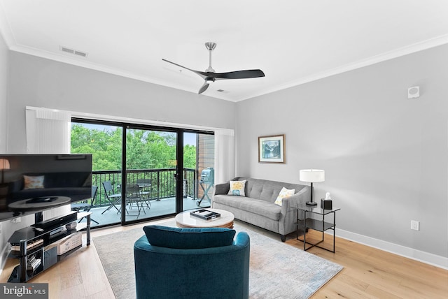 44691 Wellfleet Dr Unit 306, Ashburn, VA 20147 - living room with ornamental molding, a ceiling fan, and wood finished floors