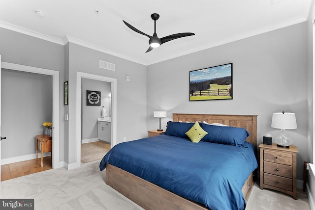 44691 Wellfleet Dr Unit 306, Ashburn, VA 20147 - bedroom featuring ornamental molding, carpet flooring, ensuite bathroom, and ceiling fan