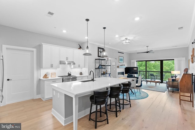 44691 Wellfleet Dr Unit 306, Ashburn, VA 20147 - kitchen with under cabinet range hood, light wood finished floors, light countertops, recessed lighting, and open floor plan