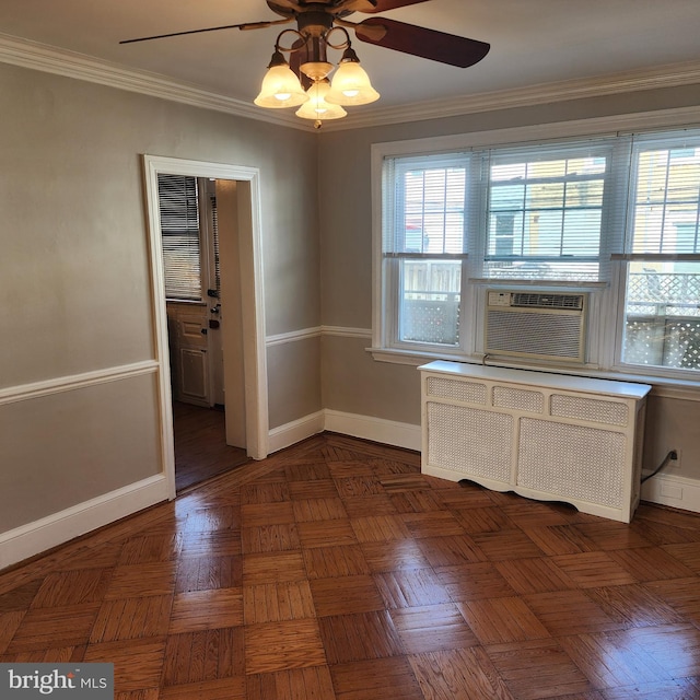 175 Stoneway Ln, Bala Cynwyd, PA 19004 - unfurnished dining area with radiator heating unit, ceiling fan, cooling unit, and crown molding